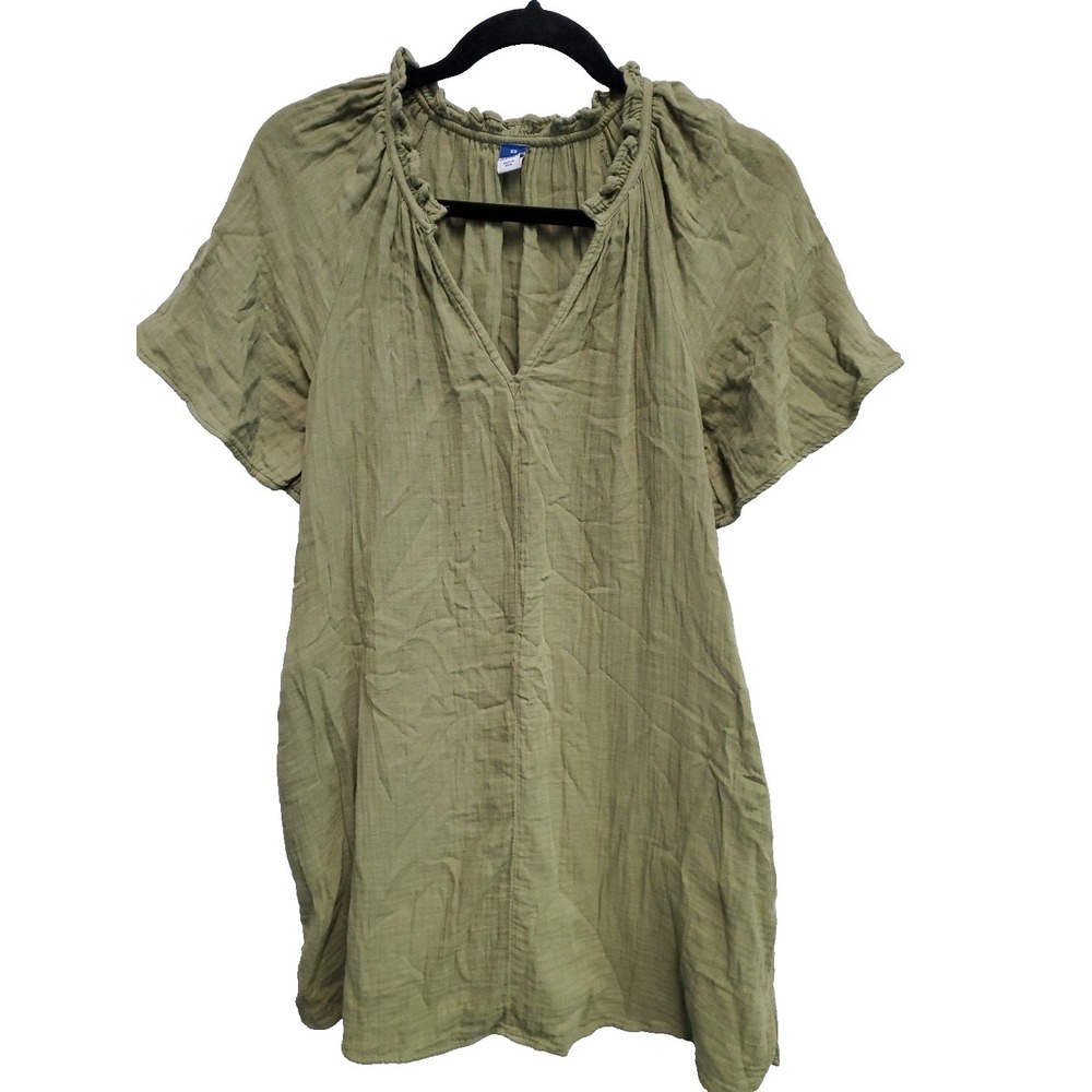 Old‎ Navy Dress XS Cotton Gauze Mini Pockets Olive Green Peasant Beach Boho